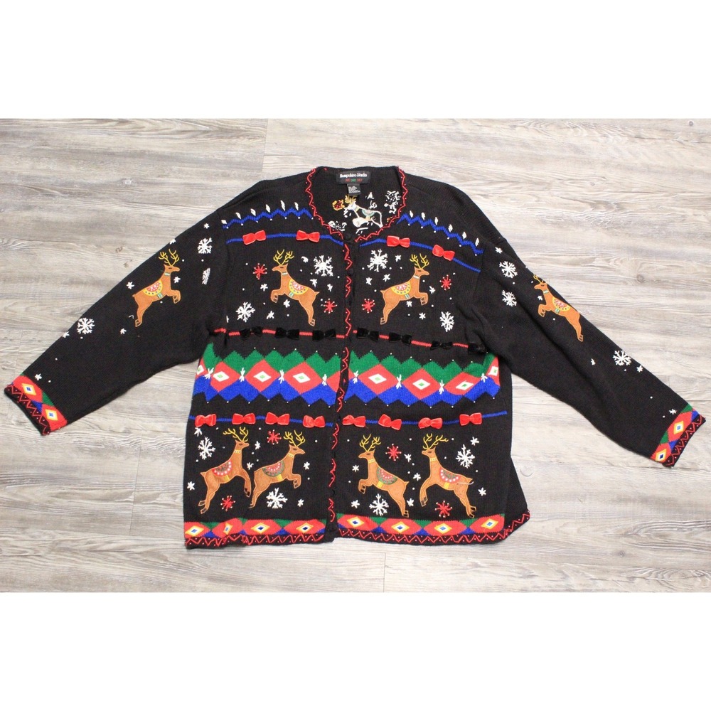 Hampshire Studio Womens Embroidered Christmas Sweater 3X Reindeer Cardigan Black